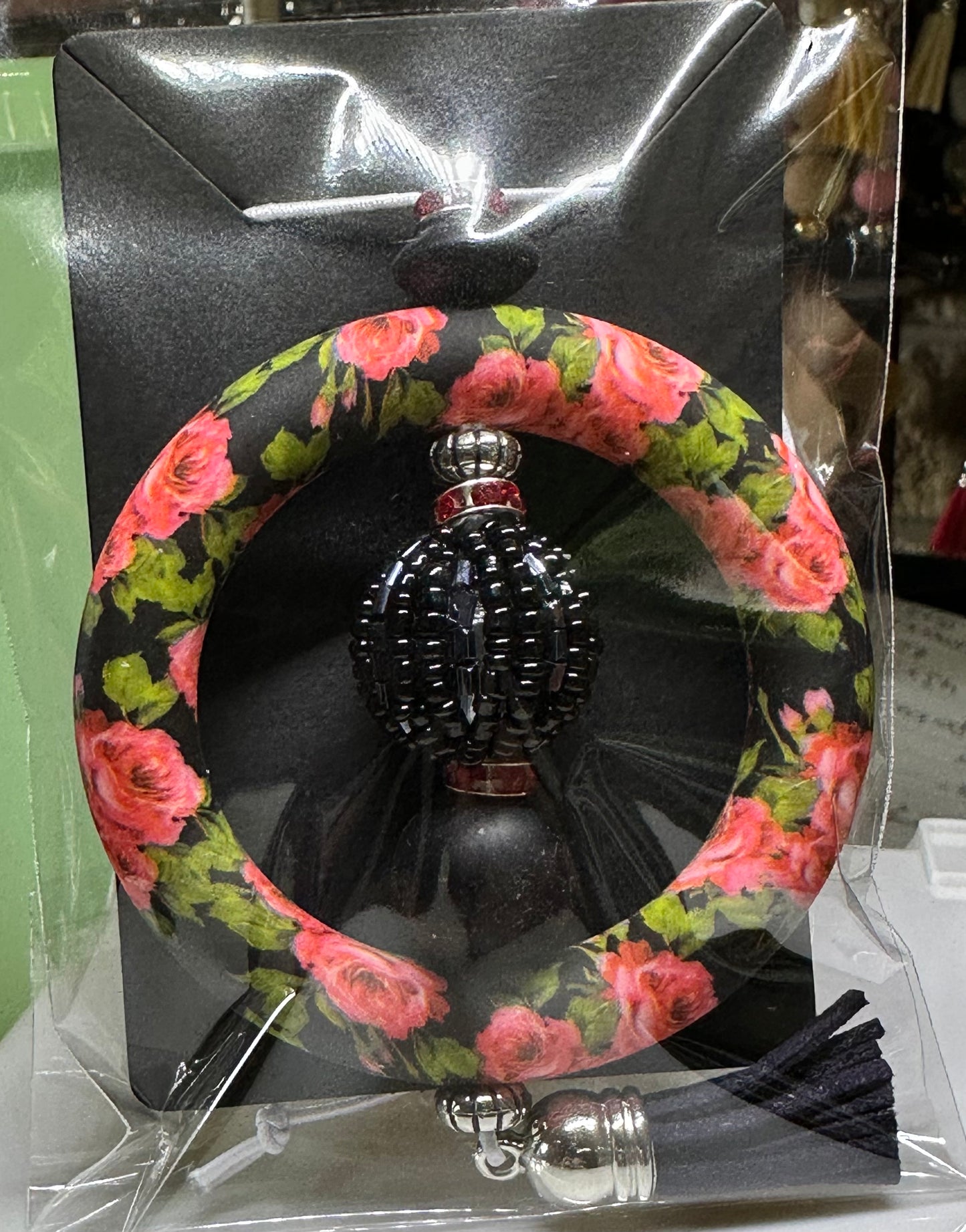 Car charm - Black and pink floral