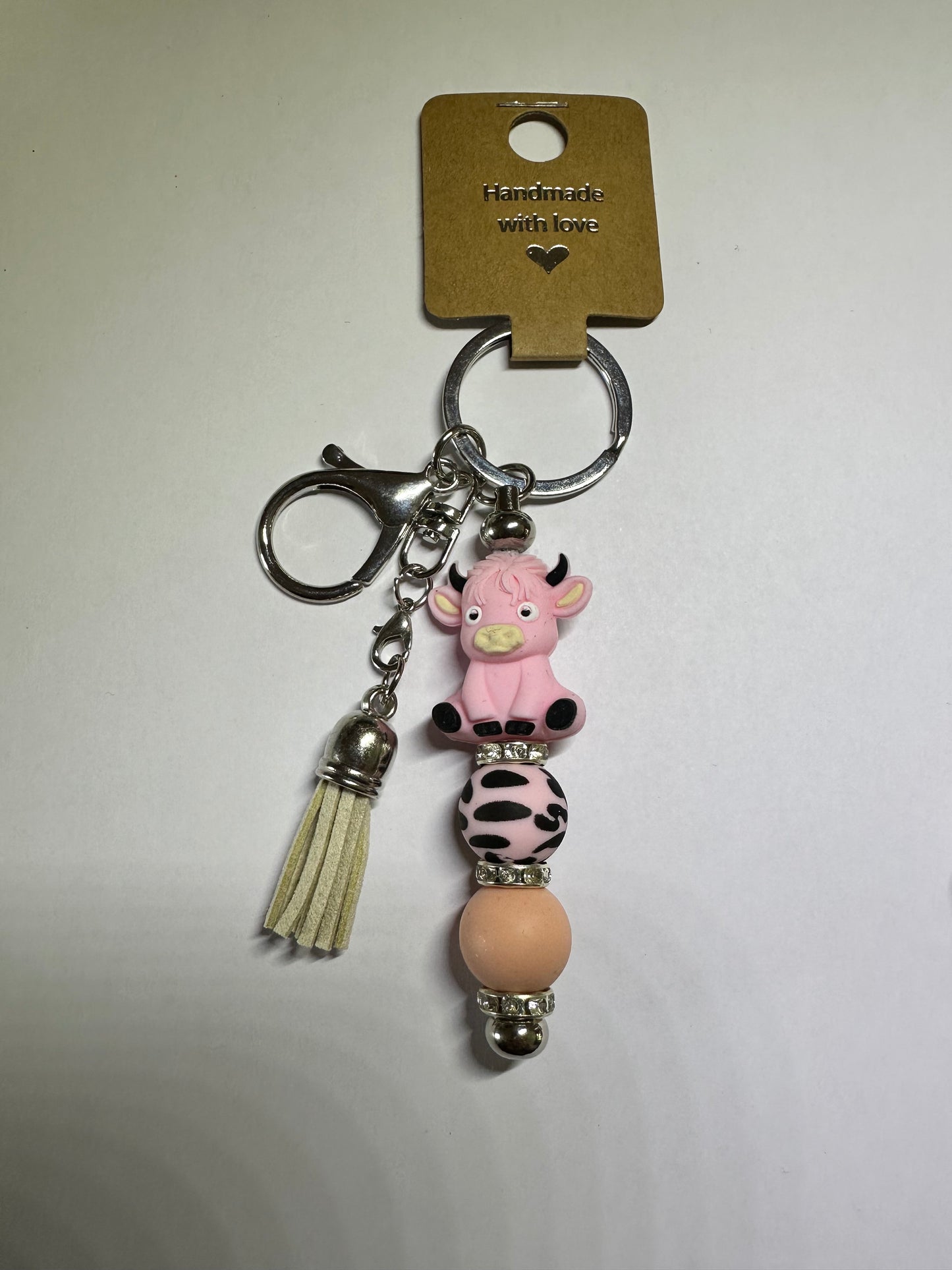 Pink Highland cow keyring