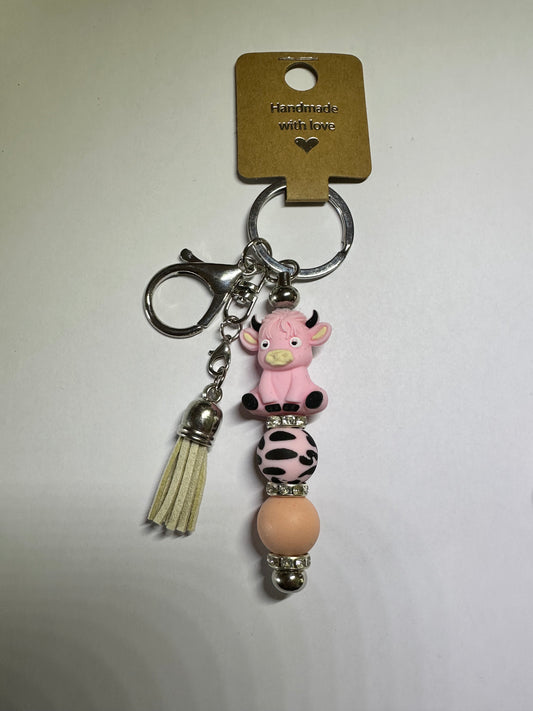Pink Highland cow keyring